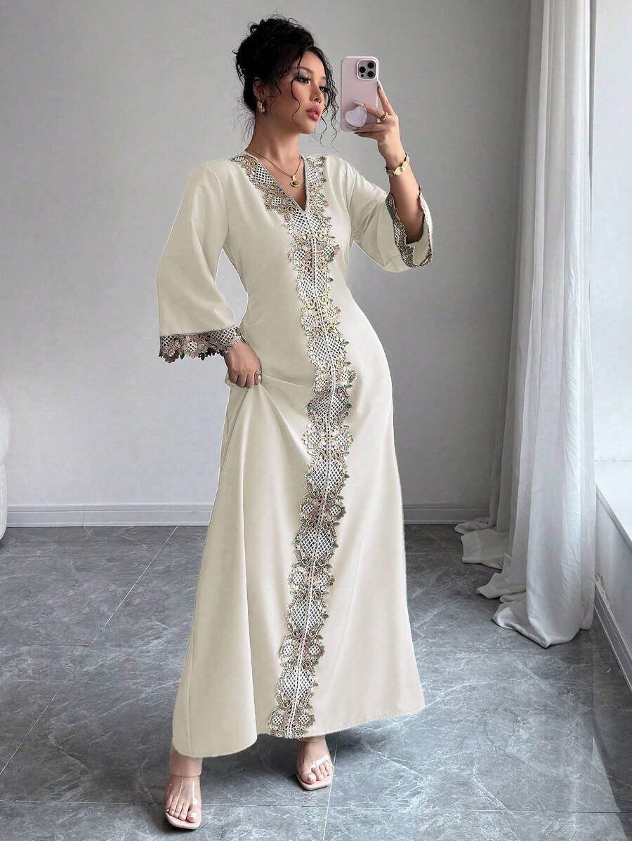 Chiquease Women's Fashionable Applique Ruffle Waist Maxi Dress - Apricot - View 1