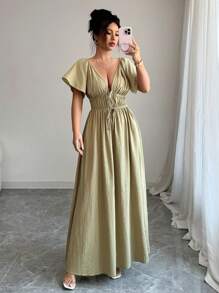 Rafferiza V-Neck Lace-Up Waist In Short Sleeve Loose Elegant Casual Ladies Spring/Summer Vacation Date Dress - Green - View 3