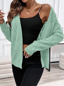 SHEIN LUNE Casual Comfy Hollow Rhinestone Mesh Design Women's Cardigan, Long Sleeve Top For Home, Vacation, Beach - Mint Green - View 4