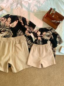 2pcs Young Boys Daddy And Me Matching Outfits (2 Sets Sold Separately), Casual Comfortable Versatile Leaf Print Short Sleeve Shirt And Solid Color Shorts Set - Multicolor - View 2