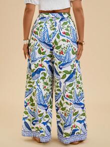 Travachic Plus Size Women Blue Tropical Plant Print Boho Wide Leg Pants For Holiday Summer Pool Party Coconut Girl Summer Boho Chic Boho Style Brunch Airport Beach Vacation City Break Holiday Western Western Wear Women Plus European Summer Island Vacation Honeymoon Old Money South Beach - Multicolor - View 3