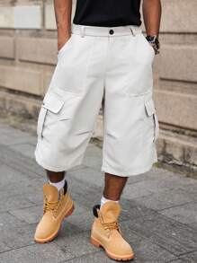 Manfinity Hypemode Fashionable Casual Beige Men's Cargo Loose 3/4 Pants With Pockets, Street Style, Y2k - Beige - View 3