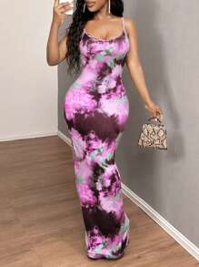 SHEIN SXY Vestido deslizante con estampado de teñido anudado, elegante, sexy y cómodo, para fiesta de graduación - Morado - Ver 5