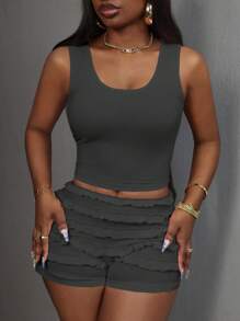 Slaydiva Y2K Girly Cute Style U-Neck Sleeveless Top & Multi-Layer Ruffle Hem Shorts, Pink Solid Color Ladies 2-Piece Set