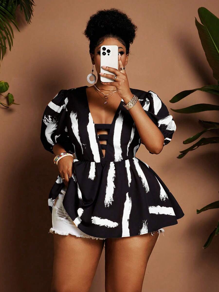 Maweii Große Größen V-Ausschnitt Puffärmel Bedrucktes elegantes Oberteil