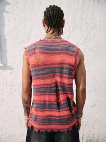 ROMWE MEN Men's Gradient Distressed V-Neck Sleeveless Casual Top, Suitable For Everyday Wear Vacation - Red - View 3