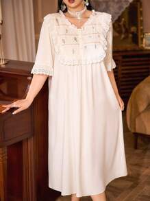 PalaceNights Vestido holgado de dormir con escote en V, estilo retro, bordado y parches, talla grande, vacaciones