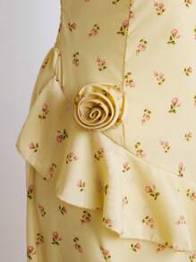 Sweetra 黄色碎花优雅甜美法式不对称荷叶边下摆性感开叉长裙，度假风 - 黃色 - 查看 5