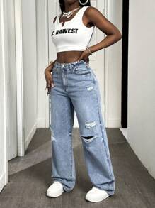 Slaydiva Damen blaue Loose Fit Jeans mit aufgerissenem Patch und weitem Bein Lässig - Blau - Übersicht 5