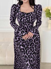 Feyla 女士豹纹甜心领优雅长袖长裙 - 紫色 - 查看 5