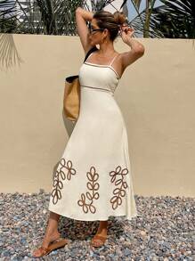 SHEIN Frenchy Vestido de vacaciones con bordado de hojas en los tirantes para mujer, verano
