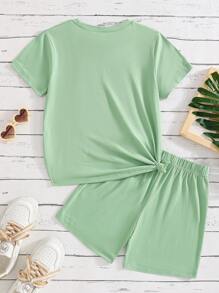 GraphicGems 2pcs/Set Tween GirlsCute Capybara Milk Tea Print Round Neck Short Sleeve T-Shirt And Shorts Green Two Pieces Suit, Summer Young Girls Sets Summer
