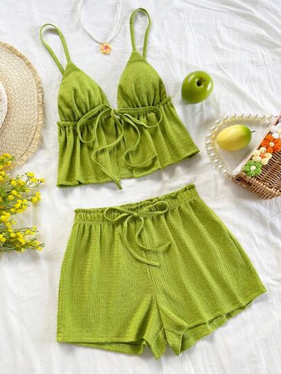 Soleia 波西米亚风、浪漫花卉、度假风、新款女士可调节绿色针织纹理上衣+荷叶边长裤，适合多种场合，如度假、下午茶、街头、派对、音乐节、复活节、休闲风、波西米亚风、西部风、乡村风、早午餐、海滩、机场穿搭、宽松版型、毕业典礼、两件套、婚礼宾客装扮、女士夏季服装、女装、派对