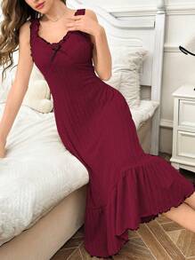 SHEIN Women Knitted Textured Bow Decor Pleat Hem Loose Cami Nightgown - Burgundy - View 5