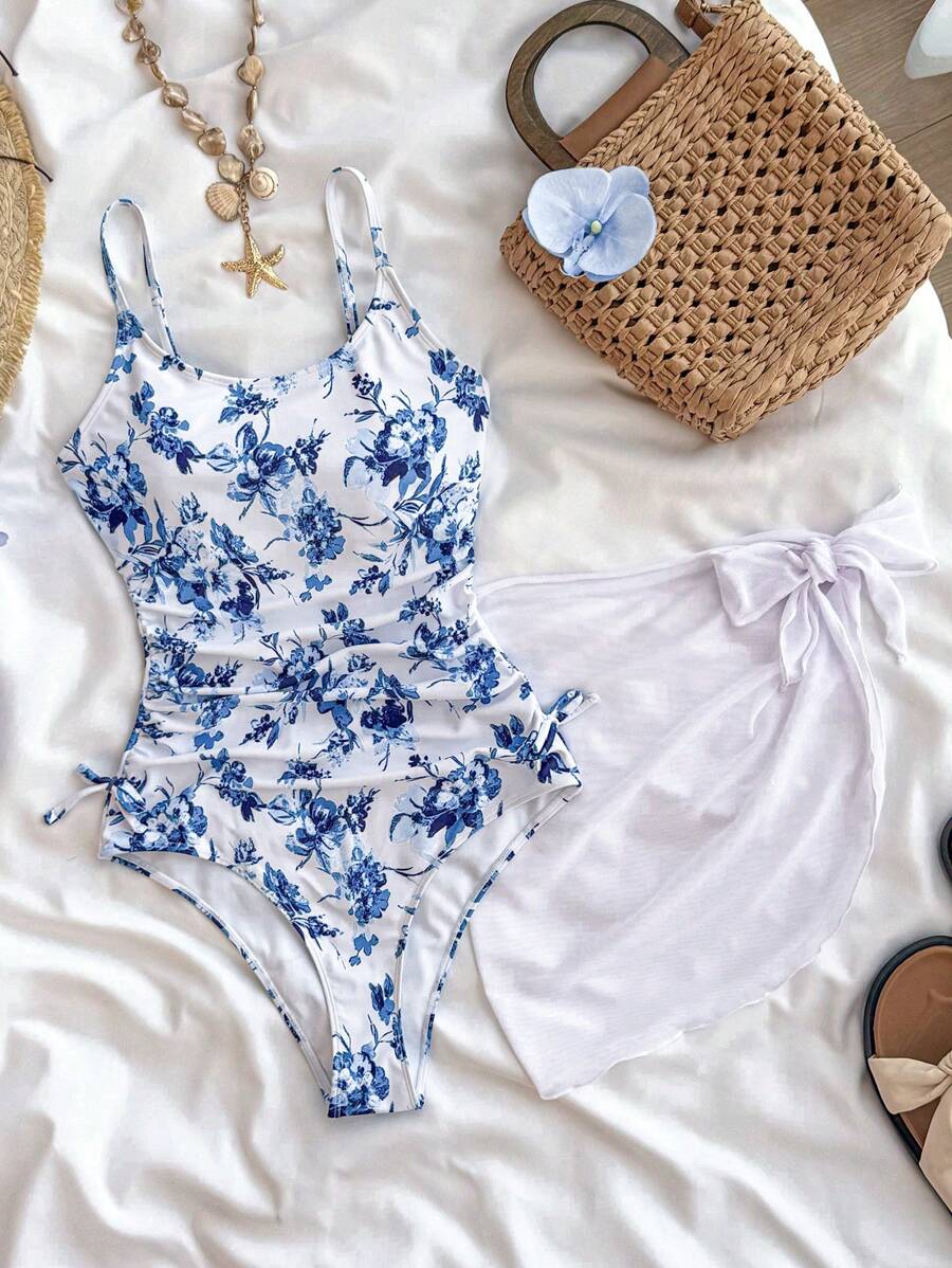 SHEIN Teen Girls Vacation Ditsy Floral Side Bow Decor Casual One-Piece Swimsuit With Cover-Up Skirt Set For Summer