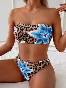 Women's 2pcs Leopard Print & Tropical Flower Vacation Casual Sexy Halter Bandeau Bikini Set For Summer - Multicolor - View 4