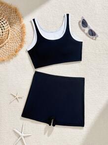 Ensemble de maillot de bain tankini à col rond volant pour préadolescentes