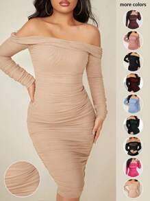 SHEIN SXY Đầm Xù màu trơn Gợi cảm - Màu be - Xem 1
