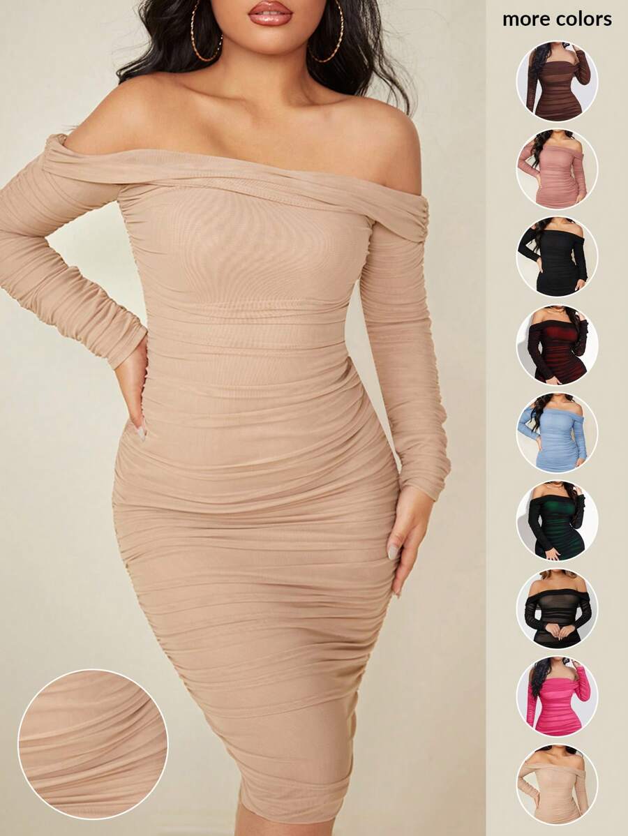 SHEIN SXY Đầm Xù màu trơn Gợi cảm - Màu be - Xem 1