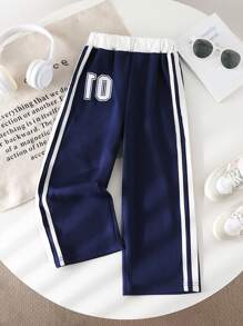 SHEIN Young Girls' Activewear: Comfortable Navy Blue Polyester Long Pants With Stylish White Side Stripes - Blue - View 7