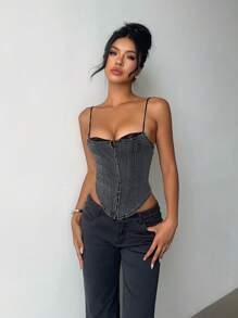 Aloruh Débardeur en dentelle ajusté sexy pour femmes, style Y2K, top corset en jean pour rave, festival, remise des diplômes, enseignante, sortie du soir - Gris foncé - Voir 5