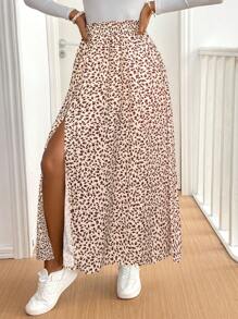 SHEIN Frenchy 女士碎花开衩荷叶边半身裙 - 杏色 - 查看 6