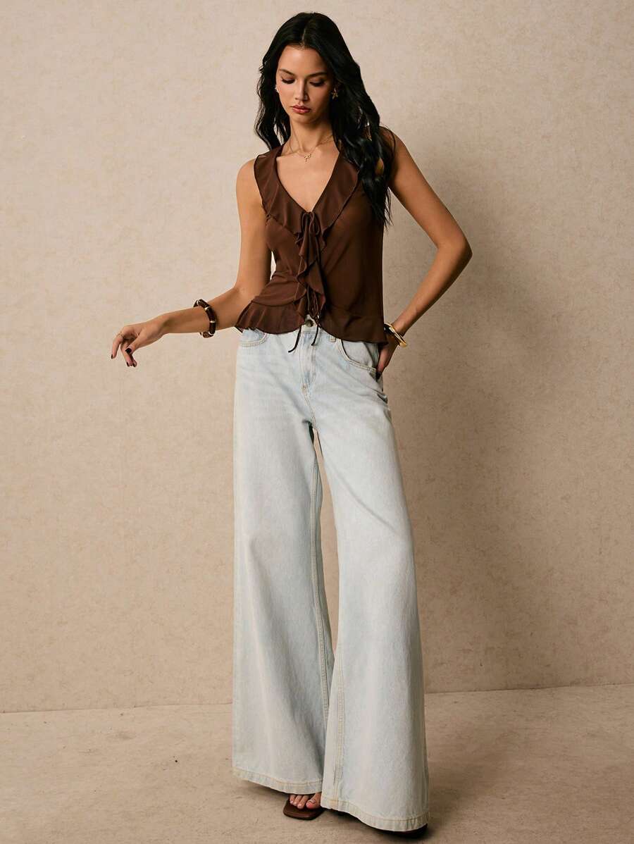 Poéselle Brown Ruffle V Neck Tie Front Sleeveless Top – Y2K Chic Mesh Blouse For Summer,Ruffle Top, V Neck Blouse, Tie Front Top, Brown Mesh Top,Summer Tops Women, Sleeveless Ruffle Top - Coffee Brown - View 1