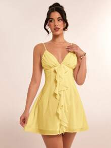 SHEIN BAE Vestido corto con cuello en V profundo, volantes y estilo princesa dulce en color blanco sólido, perfecto para el Día de San Valentín, graduación - Amarillo - Ver 4