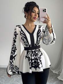 Elenzga Áo cánh tay loe cổ chữ V in hoa thanh lịch cho nữ - Màu be - Xem 7