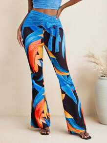 LUNA B 女士花卉印花蕾丝蝴蝶结腰喇叭裤夏季度假海滩