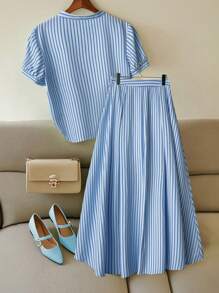 SHEIN LUNE Conjunto de dos piezas para mujer para uso diario - Azul y blanco - Ver 2