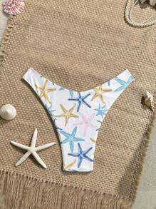 Swim Vcay Summer Vacation Random Print Ribbed Texture Fabric High Cut Bikini Bottom