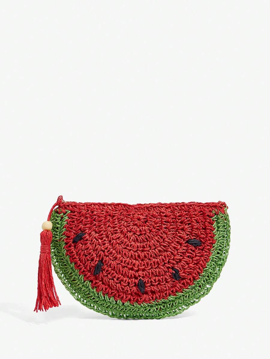 SHEIN SXY 女士，女式手拿包，草编包，时尚，优雅，简约，个性，百搭，西瓜造型，水果造型，适合海滩，度假，节日，夏季，海边