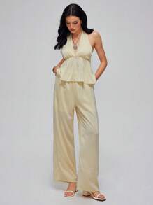 Roylia Vacation Casual Style Halter Top & Wide Leg Striped Pants Set For Women - Yellow - View 5