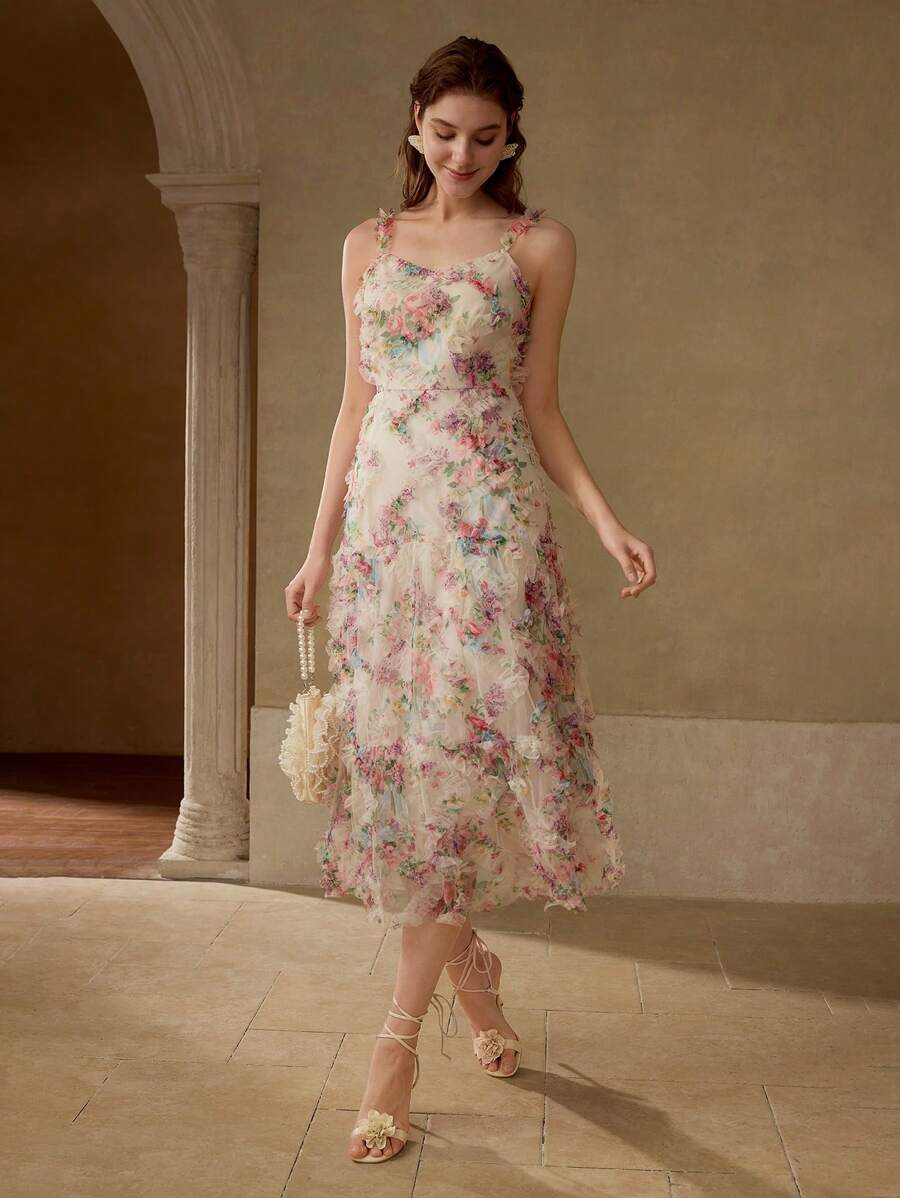 MOTF PREMIUM 撞色蕾丝花卉印花吊带连衣裙 - 杏色 - 查看 1