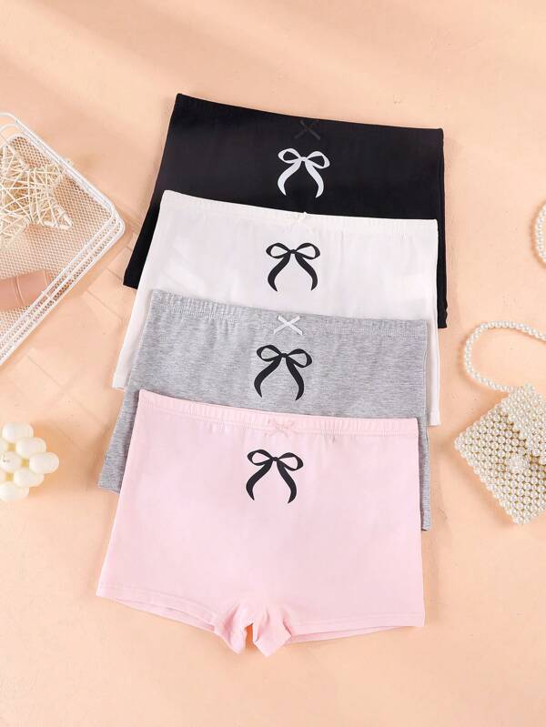 Set de 4 bragas con decoración de moño en colores rosa, blanco, negro y gris para adolescentes