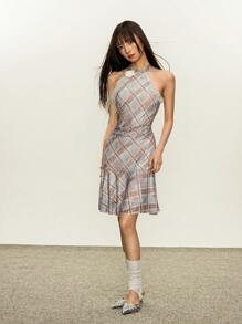 Rina Fox 女式网眼格子印花休闲修身性感迷你连衣裙 - 淺藍色 - 查看 4