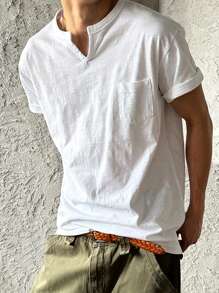 DAZY Camiseta de cuello en V con textura verde para hombre de verano