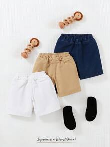 Set de 3 paquetes de bermudas de mezclilla DENIMLY para niños y jóvenes de uso diario, diseño unisex con parche de estrellas en la parte delantera, cintura elástica, ajuste holgado cómodo y múltiples bolsillos.