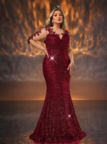 Glamrae 加大码优雅网眼刺绣长袖 V 领高腰鱼尾礼服、派对礼服、晚礼服、婚礼宾客礼服 - 酒紅色 - 查看 7