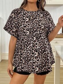 SHEIN Maternity Loose Casual Puff Sleeve Leopard Print Shirt For Summer  Summer Tops Casual Tops For Women  Summer Leisure  Maternity Tops  Cute Summer Tops   Cheetah Print - Khaki - View 3