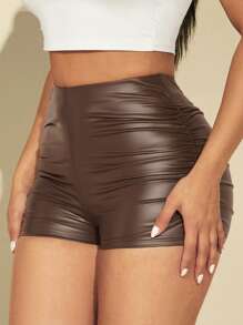 SHEIN SXY Ruched PU Leather Shorts - Chocolate Brown - View 6