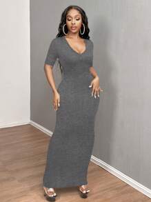 SHEIN SXY 女式纯色 V 领修身短袖连衣裙 Hoco Dresses - 深灰色 - 查看 7