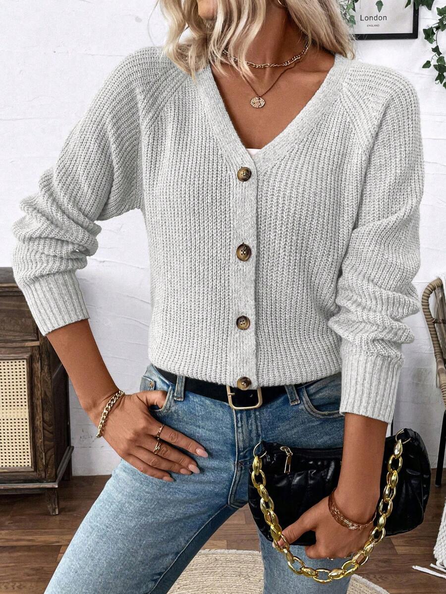 EMERY ROSE 女士百搭V领开衫毛衣外套，宽松休闲简约风格