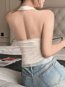 DAZY Solid Color Fitted Halter Backless Lace Trim Sexy Elegant Summer Sleeveless Top For Women Cruise Going Out Tops Halter Top - Apricot - View 2