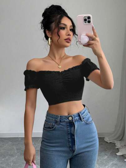 Breezaya Women's Solid Color Sexy Off The Shoulder Textured Casual Short T-Shirt