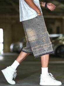 Manfinity Roughcore 男士休闲破洞阔腿牛仔短裤 - 銅色 - 查看 3