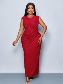 SOLERSUN Đầm ôm body không tay xếp ly thời trang nữ dáng ôm vừa vặn, màu trơn xoắn phía trước - Đỏ - Xem 1