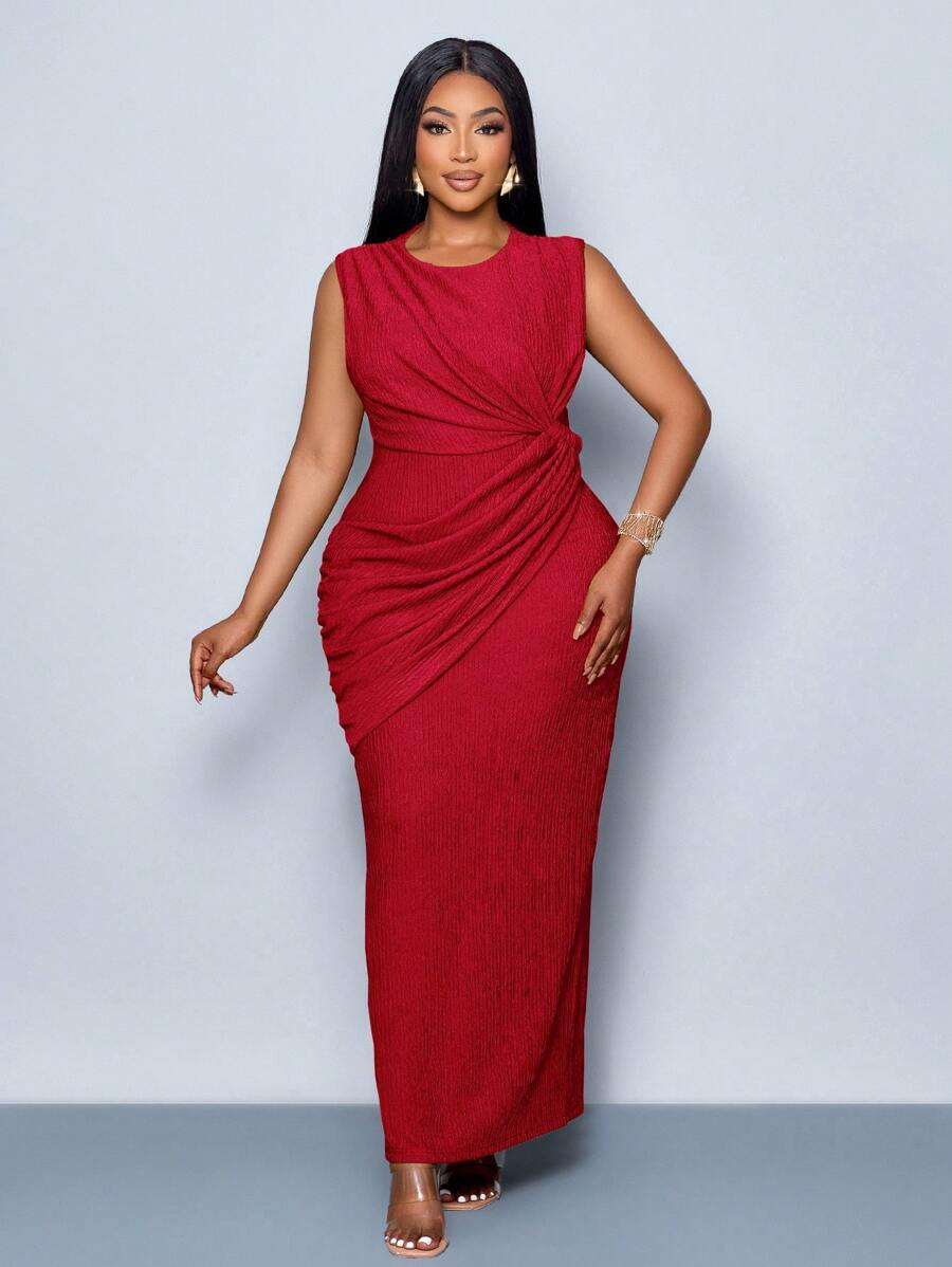SOLERSUN Đầm ôm body không tay xếp ly thời trang nữ dáng ôm vừa vặn, màu trơn xoắn phía trước - Đỏ - Xem 1