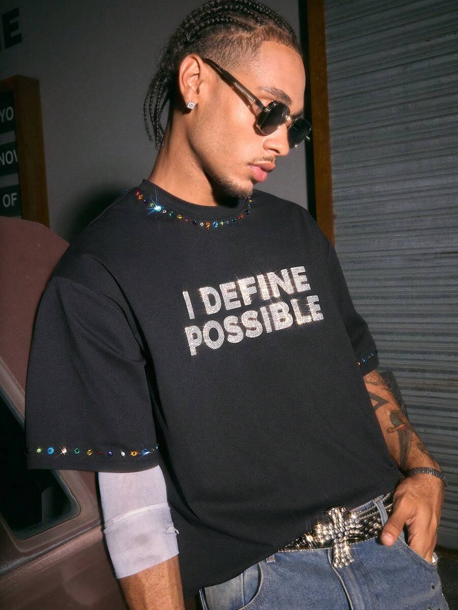 AXEPEAK Kaos Lengan Pendek Longgar Model Boxy Kerah Bulat Gaya Streetwear Ins yang Modis untuk Pria, Musim Panas, Rave - Hitam - View 1